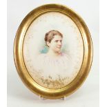 Porcelain gilded portrait plaque by George White: Hand painted with portraits of a young woman with