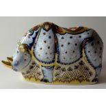 Royal Crown Derby paperweight SINCLAIRS ENDANGERED SPECIES WHITE RHINO: Gold stopper, certificate,