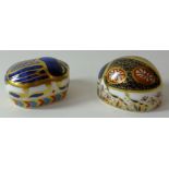 Two x Royal Crown Derby paperweights MILLENNIUM BUG and BLUE LADYBIRD: Silver stoppers and