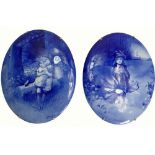 Pair early 20th Century blue children oval wall plaques: One signed J Bentley and the other F