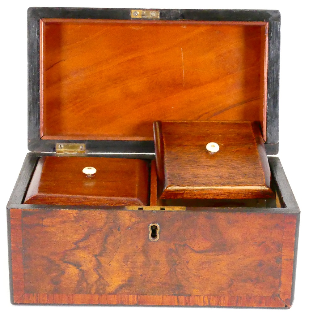 Burr Walnut tea caddy 19th century: Good used condition, replacement lids, original hinges,