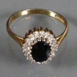 9ct gold ladies Sapphire & Diamond ring: Size P/Q, 2.7g.