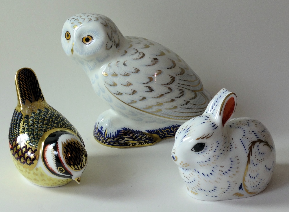 Three x Royal Crown Derby paperweights SNOWY OWL (Guild), WREN & BUNNY: Gold stoppers,