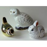 Three x Royal Crown Derby paperweights SNOWY OWL (Guild), WREN & BUNNY: Gold stoppers,