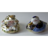 Two x Royal Crown Derby paperweights OLD IMARI FROG & DUCK: Silver stoppers, 1 certificate,