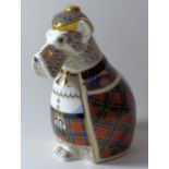 Royal Crown Derby paperweight SCOTTIE DOG: Silver stopper, signed by 3 people, certificate,