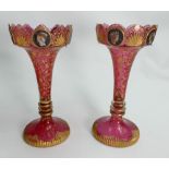 Pair of 19th century pink glass lustres: Fine examples with intricate gilding.