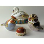 FOUR x Royal Crown Derby paperweights WHITE SWAN WAXWING TAWNY OWL (gold stopper) LADYBIRD 2 SPOT: