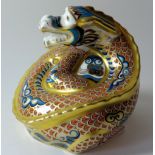 Royal Crown Derby paperweight DRAGON OF HAPPINESS: Gold stopper, certificate, first quality,