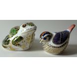 Two x Royal Crown Derby paperweights FIRECREST and FROG: Gold stoppers, NO certificates,