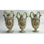 Set of three 19th Century Coalbrookdale floral two handled vases: Each with hand painted country