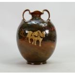 Doulton Holbeinware two handled vase: Decorated all around with horses ploughing & countryside