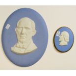 Wedgwood blue portrait plaques General Sam Huston (Eric Owen 1968) & smaller 19th century plaque of