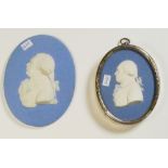 Wedgwood blue portrait plaques Matheuy & similar smaller version in silver plated frame: Height of