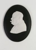 Wedgwood rare solid black Jasper portrait medallion of Winston S Churchill: Sample with paper label