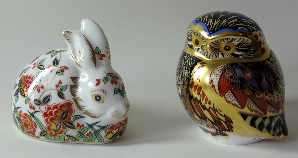 Two x Royal Crown Derby paperweights MEADOW RABBIT & LITTLE OWL 371/1000: Silver stoppers,