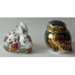 Two x Royal Crown Derby paperweights MEADOW RABBIT & LITTLE OWL 371/1000: Silver stoppers,