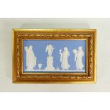 Wedgwood blue & white rectangular plaque decorated with Classical scenes : In gilt frame.