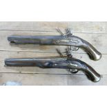 Pair of good reproduction British long dragoon pistols: With antique finish.