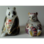 Two x Royal Crown Derby paperweights TIGER CUB and PANDA: Gold stopper (cub), & silver stopper,