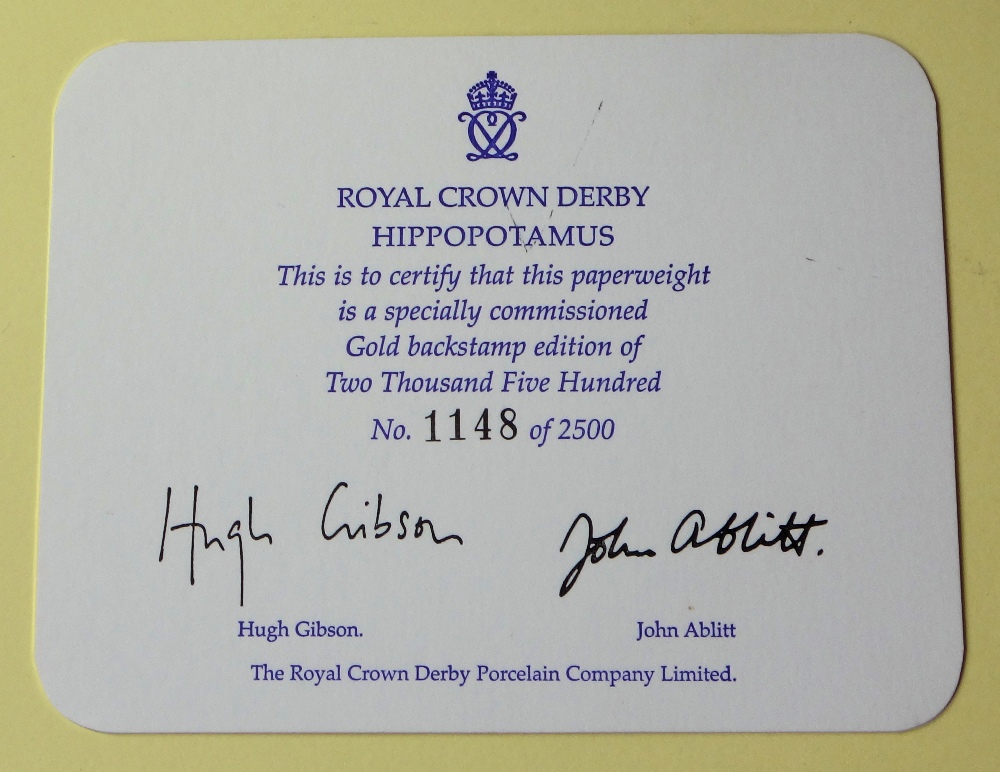 Royal Crown Derby paperweight HIPPOPOTAMUS: Gold stopper, certificate, first quality, original box. - Image 3 of 4
