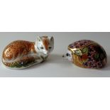 Two x Royal Crown Derby paperweights LEICESTERSHIRE FOX 1205/1500 & ORCHARD HEDGEHOG: Gold stoppers,