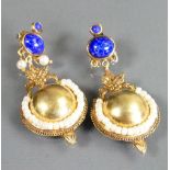 Victorian gold on silver pair earrings droppers: Set with seed pearls & lapis lazuli,