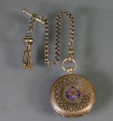 Silver and enamelled ladies fob watch with Victorian Silver chain: