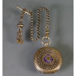 Silver and enamelled ladies fob watch with Victorian Silver chain: