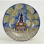 Early tin glaze Faience plaque decorated with a mosque: Diameter 30cm (crack to edge).