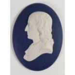Wedgwood solid dark Portland blue Jasper portrait medallion of Milton: c1972, h13.1cm.