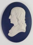 Wedgwood solid dark Portland blue Jasper portrait medallion of Milton: c1972, h13.1cm.