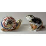 Two x Royal Crown Derby paperweights RIVERBANK BEAVER 2746/5000 & SNAIL: Gold stopper on beaver,