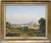 Francois Dupressoir 19th Century oil painting on canvas: Countryside scene with city in distance in
