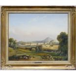 Francois Dupressoir 19th Century oil painting on canvas: Countryside scene with city in distance in