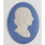 Wedgwood solid pale blue Jasper portrait medallion of John Keats: c1965 initialled by Eric Owen,