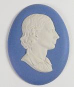 Wedgwood solid pale blue Jasper portrait medallion of John Keats: c1965 initialled by Eric Owen,