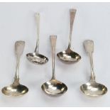 Five Georgian period silver ladles and sifters: Gross weight 248g.