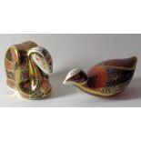 Two Royal Crown Derby paperweights SINCLAIRS SNAKE and COOT: Gold stoppers, NO certificates,