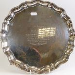 Silver salver with engraved dedication 933.1 grams: Diameter 29cm.