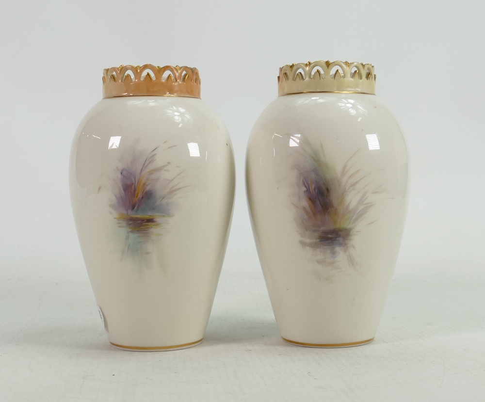 Pair of Royal Worcester hand painted vases: Decorated with Mallard ducks by J Stinton, height 13. - Image 3 of 4