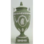 Wedgwood solid Sage green Jasperware twin handled Urn: c1970,