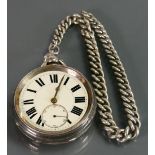 Large gents silver pocket watch & Albert chain: Not in working order, chain incomplete.