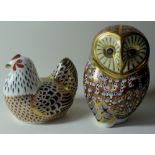 Two x Royal Crown Derby paperweights OWL and CHICKEN: Gold stoppers, NO certificates, first quality,