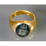 High carat fine gold seal ring tested as very high carat, 18ct or better: Gross weight 11g. Size H.
