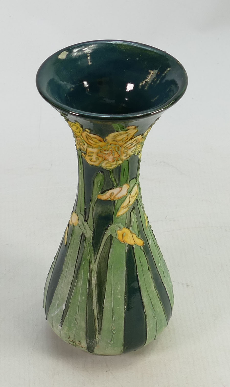 Lise B Moorcroft part glazed vase: In green with daffodils. Chip to rim. 21cm high. 2009. - Image 3 of 4