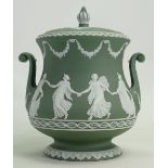 Wedgwood dipped dark green Jasperware twin handled Dancing Hours Biscuit barrel: Made for McVitie &