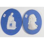 Wedgwood blue portrait plaques of Sir Joshua Reynolds & a seated lady reading (crack to relief):