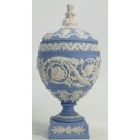Wedgwood solid pale blue Jasperware Arabesque vase & cover: c1979, height 21.