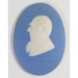 Wedgwood solid pale blue Jasper portrait medallion of Sir J D Hooker: c1897, h10.5cm.